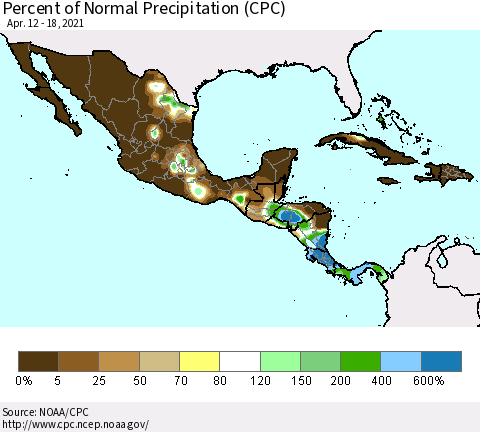 Mexico Central America and the Caribbean Percent of Normal Precipitation (CPC) Thematic Map For 4/12/2021 - 4/18/2021