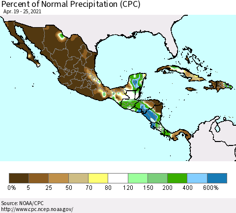 Mexico Central America and the Caribbean Percent of Normal Precipitation (CPC) Thematic Map For 4/19/2021 - 4/25/2021