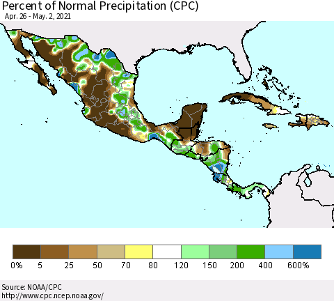 Mexico Central America and the Caribbean Percent of Normal Precipitation (CPC) Thematic Map For 4/26/2021 - 5/2/2021