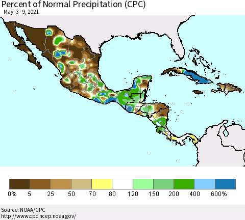 Mexico Central America and the Caribbean Percent of Normal Precipitation (CPC) Thematic Map For 5/3/2021 - 5/9/2021
