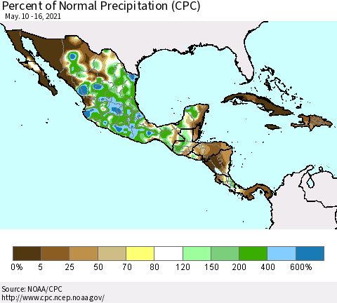 Mexico Central America and the Caribbean Percent of Normal Precipitation (CPC) Thematic Map For 5/10/2021 - 5/16/2021