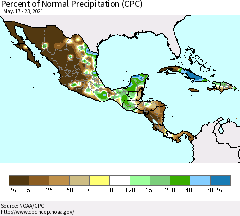 Mexico Central America and the Caribbean Percent of Normal Precipitation (CPC) Thematic Map For 5/17/2021 - 5/23/2021