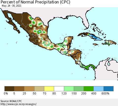 Mexico Central America and the Caribbean Percent of Normal Precipitation (CPC) Thematic Map For 5/24/2021 - 5/30/2021