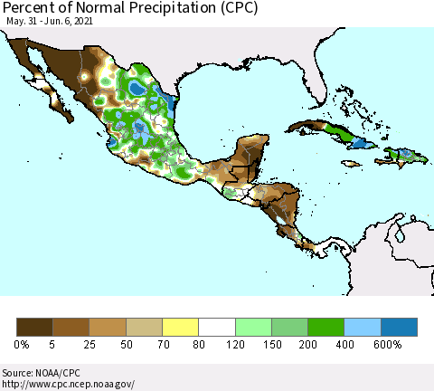 Mexico Central America and the Caribbean Percent of Normal Precipitation (CPC) Thematic Map For 5/31/2021 - 6/6/2021