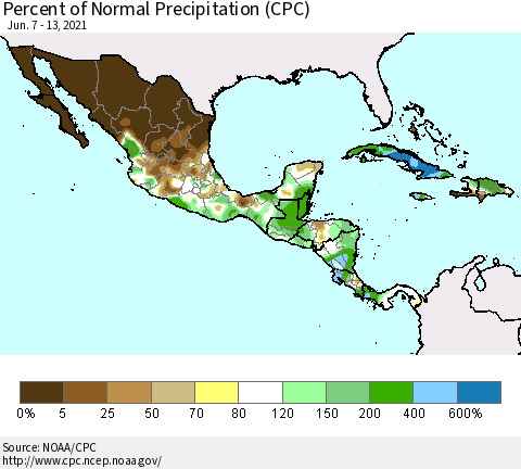 Mexico Central America and the Caribbean Percent of Normal Precipitation (CPC) Thematic Map For 6/7/2021 - 6/13/2021