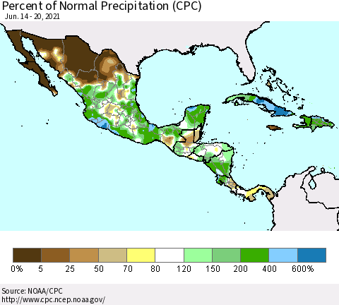 Mexico Central America and the Caribbean Percent of Normal Precipitation (CPC) Thematic Map For 6/14/2021 - 6/20/2021