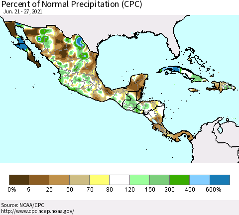 Mexico Central America and the Caribbean Percent of Normal Precipitation (CPC) Thematic Map For 6/21/2021 - 6/27/2021
