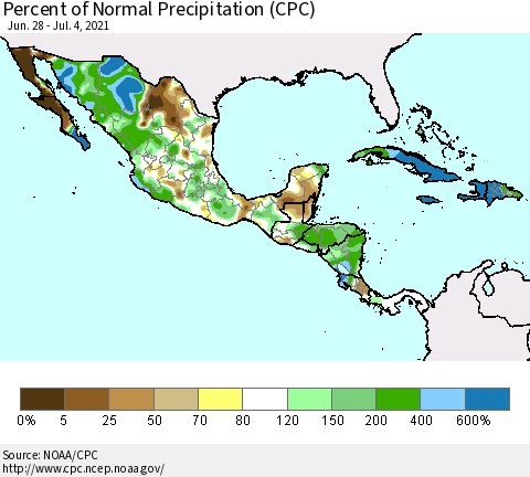 Mexico Central America and the Caribbean Percent of Normal Precipitation (CPC) Thematic Map For 6/28/2021 - 7/4/2021