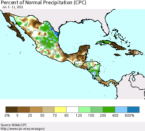 Mexico Central America and the Caribbean Percent of Normal Precipitation (CPC) Thematic Map For 7/5/2021 - 7/11/2021