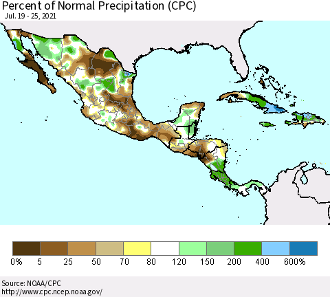 Mexico Central America and the Caribbean Percent of Normal Precipitation (CPC) Thematic Map For 7/19/2021 - 7/25/2021