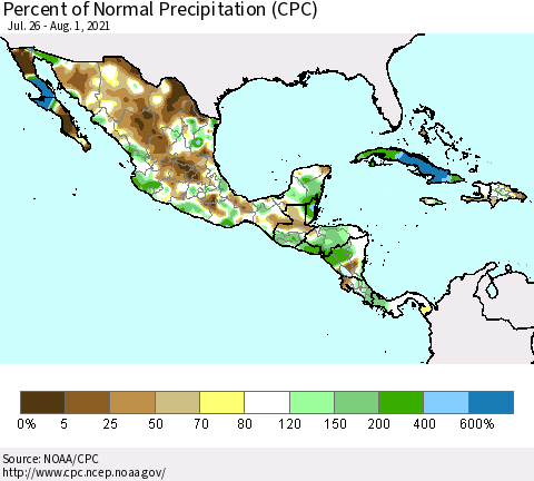 Mexico Central America and the Caribbean Percent of Normal Precipitation (CPC) Thematic Map For 7/26/2021 - 8/1/2021