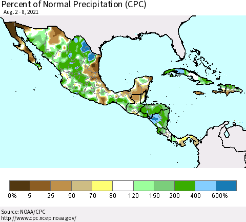 Mexico Central America and the Caribbean Percent of Normal Precipitation (CPC) Thematic Map For 8/2/2021 - 8/8/2021