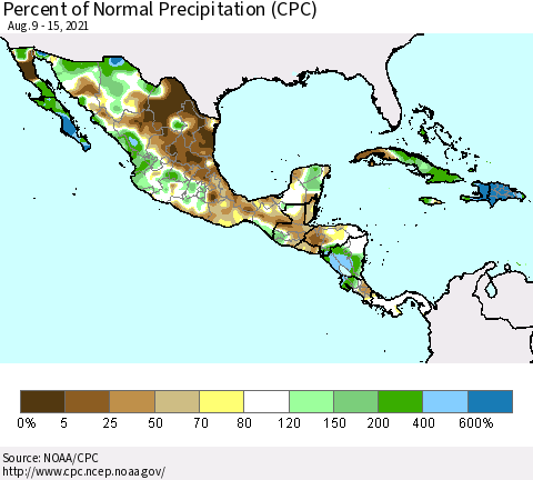Mexico Central America and the Caribbean Percent of Normal Precipitation (CPC) Thematic Map For 8/9/2021 - 8/15/2021
