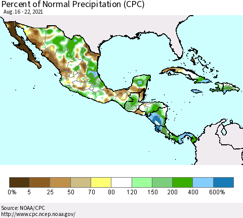 Mexico Central America and the Caribbean Percent of Normal Precipitation (CPC) Thematic Map For 8/16/2021 - 8/22/2021