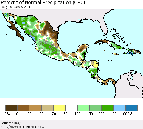Mexico Central America and the Caribbean Percent of Normal Precipitation (CPC) Thematic Map For 8/30/2021 - 9/5/2021