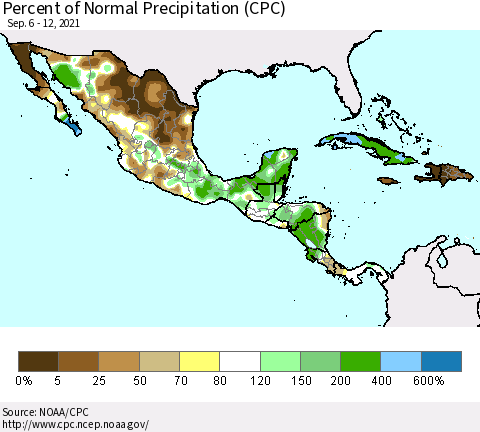 Mexico Central America and the Caribbean Percent of Normal Precipitation (CPC) Thematic Map For 9/6/2021 - 9/12/2021