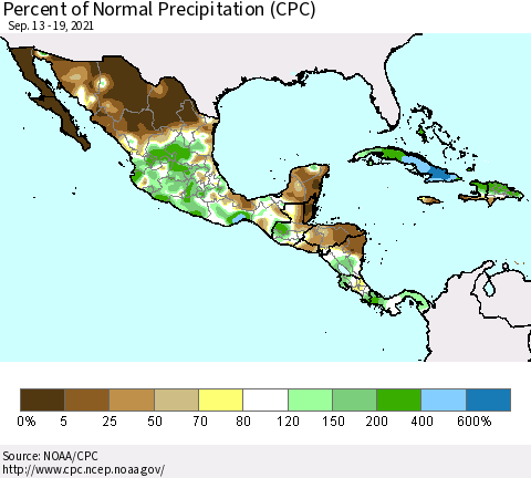 Mexico Central America and the Caribbean Percent of Normal Precipitation (CPC) Thematic Map For 9/13/2021 - 9/19/2021