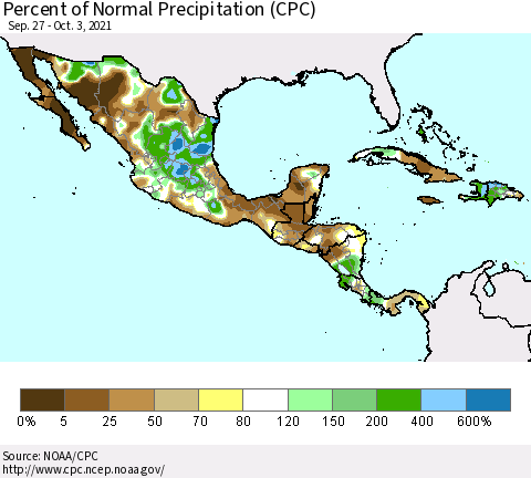 Mexico Central America and the Caribbean Percent of Normal Precipitation (CPC) Thematic Map For 9/27/2021 - 10/3/2021