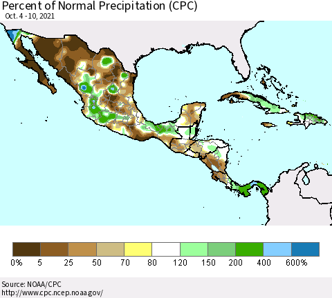 Mexico Central America and the Caribbean Percent of Normal Precipitation (CPC) Thematic Map For 10/4/2021 - 10/10/2021
