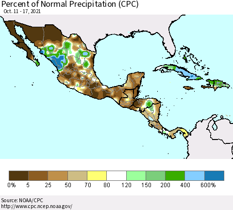 Mexico Central America and the Caribbean Percent of Normal Precipitation (CPC) Thematic Map For 10/11/2021 - 10/17/2021