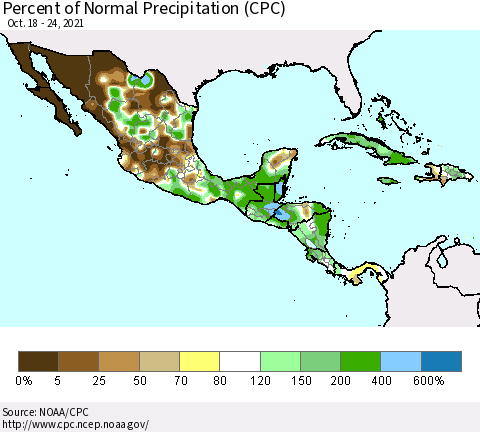 Mexico Central America and the Caribbean Percent of Normal Precipitation (CPC) Thematic Map For 10/18/2021 - 10/24/2021