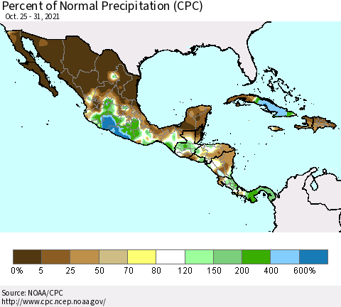 Mexico Central America and the Caribbean Percent of Normal Precipitation (CPC) Thematic Map For 10/25/2021 - 10/31/2021
