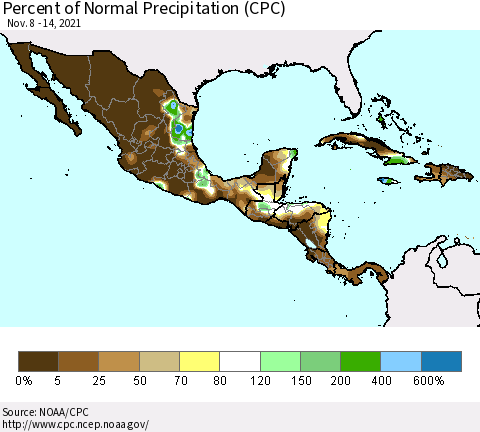 Mexico Central America and the Caribbean Percent of Normal Precipitation (CPC) Thematic Map For 11/8/2021 - 11/14/2021