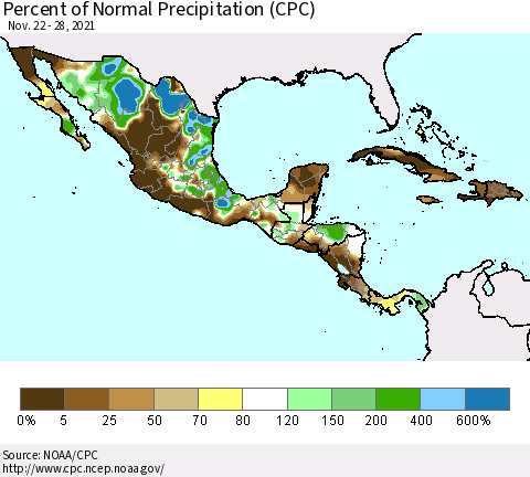 Mexico Central America and the Caribbean Percent of Normal Precipitation (CPC) Thematic Map For 11/22/2021 - 11/28/2021