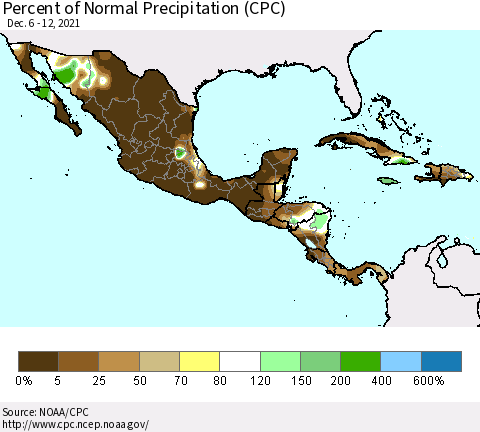 Mexico Central America and the Caribbean Percent of Normal Precipitation (CPC) Thematic Map For 12/6/2021 - 12/12/2021