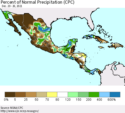 Mexico Central America and the Caribbean Percent of Normal Precipitation (CPC) Thematic Map For 12/20/2021 - 12/26/2021