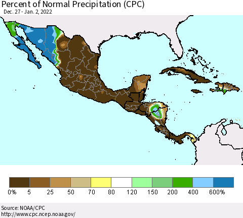 Mexico Central America and the Caribbean Percent of Normal Precipitation (CPC) Thematic Map For 12/27/2021 - 1/2/2022