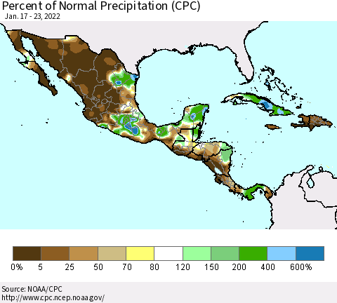 Mexico Central America and the Caribbean Percent of Normal Precipitation (CPC) Thematic Map For 1/17/2022 - 1/23/2022
