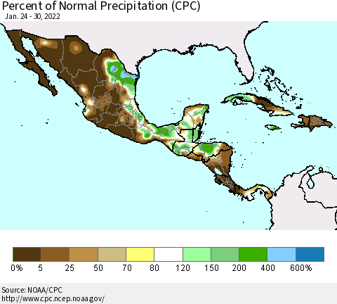 Mexico Central America and the Caribbean Percent of Normal Precipitation (CPC) Thematic Map For 1/24/2022 - 1/30/2022