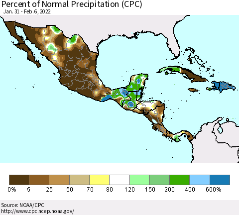 Mexico Central America and the Caribbean Percent of Normal Precipitation (CPC) Thematic Map For 1/31/2022 - 2/6/2022