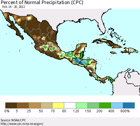 Mexico Central America and the Caribbean Percent of Normal Precipitation (CPC) Thematic Map For 2/14/2022 - 2/20/2022