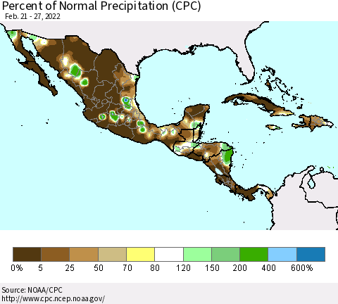 Mexico Central America and the Caribbean Percent of Normal Precipitation (CPC) Thematic Map For 2/21/2022 - 2/27/2022