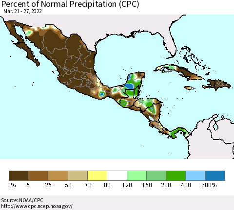 Mexico Central America and the Caribbean Percent of Normal Precipitation (CPC) Thematic Map For 3/21/2022 - 3/27/2022