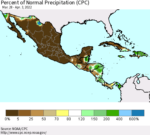 Mexico Central America and the Caribbean Percent of Normal Precipitation (CPC) Thematic Map For 3/28/2022 - 4/3/2022