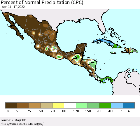 Mexico Central America and the Caribbean Percent of Normal Precipitation (CPC) Thematic Map For 4/11/2022 - 4/17/2022