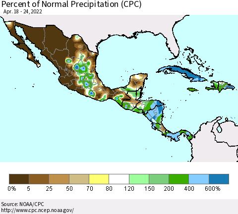Mexico Central America and the Caribbean Percent of Normal Precipitation (CPC) Thematic Map For 4/18/2022 - 4/24/2022