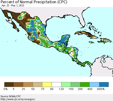 Mexico Central America and the Caribbean Percent of Normal Precipitation (CPC) Thematic Map For 4/25/2022 - 5/1/2022