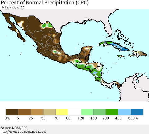 Mexico Central America and the Caribbean Percent of Normal Precipitation (CPC) Thematic Map For 5/2/2022 - 5/8/2022