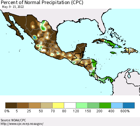 Mexico Central America and the Caribbean Percent of Normal Precipitation (CPC) Thematic Map For 5/9/2022 - 5/15/2022