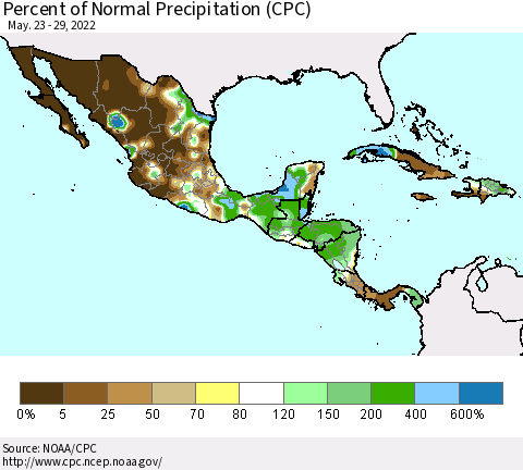 Mexico Central America and the Caribbean Percent of Normal Precipitation (CPC) Thematic Map For 5/23/2022 - 5/29/2022