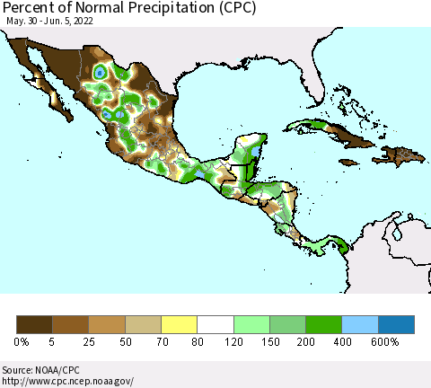 Mexico Central America and the Caribbean Percent of Normal Precipitation (CPC) Thematic Map For 5/30/2022 - 6/5/2022