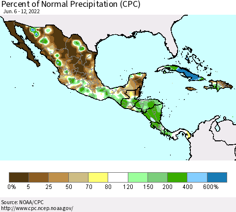 Mexico Central America and the Caribbean Percent of Normal Precipitation (CPC) Thematic Map For 6/6/2022 - 6/12/2022