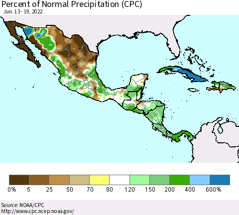 Mexico Central America and the Caribbean Percent of Normal Precipitation (CPC) Thematic Map For 6/13/2022 - 6/19/2022