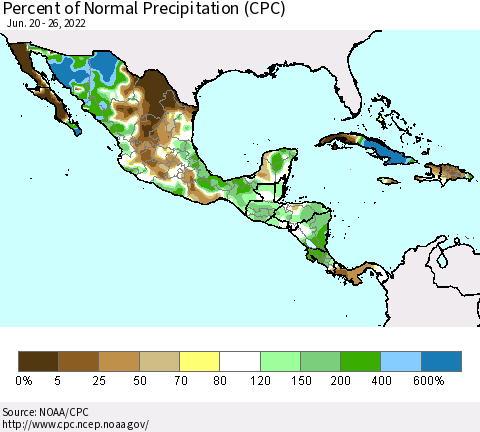 Mexico Central America and the Caribbean Percent of Normal Precipitation (CPC) Thematic Map For 6/20/2022 - 6/26/2022