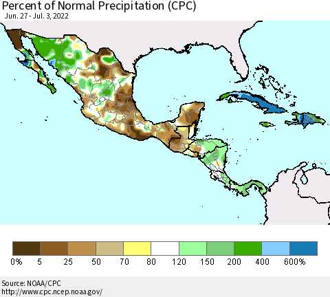 Mexico Central America and the Caribbean Percent of Normal Precipitation (CPC) Thematic Map For 6/27/2022 - 7/3/2022