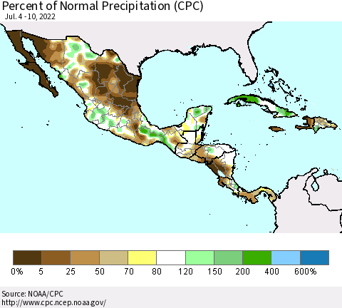 Mexico Central America and the Caribbean Percent of Normal Precipitation (CPC) Thematic Map For 7/4/2022 - 7/10/2022